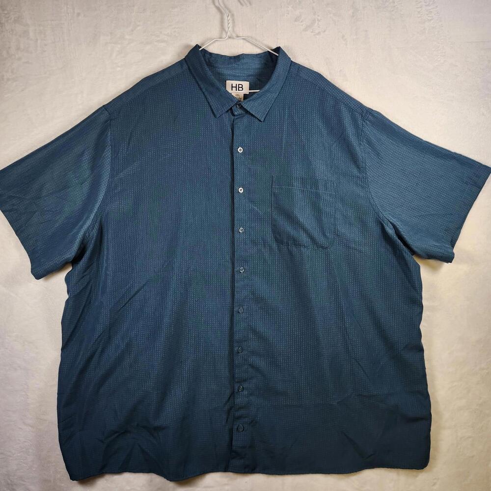 HB Men's [Size 4XL] Blue Grid Polyester Short Sleeve Button Up Shirt‎